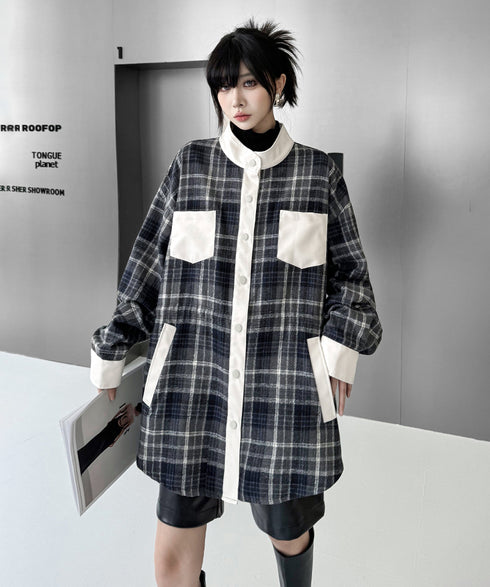 Contrast Panel Check Shirt Jacket